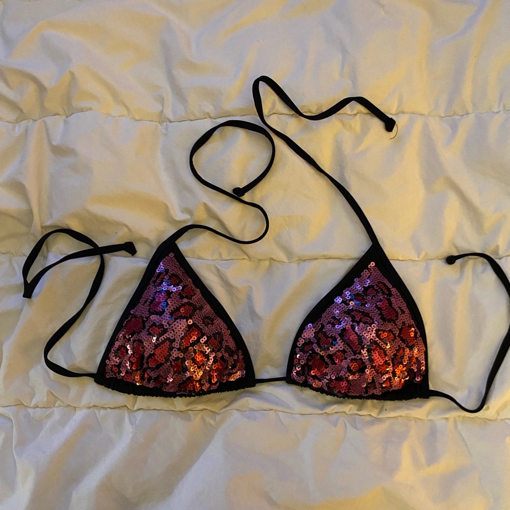 Leopard print pink and black sequin bikini top.
